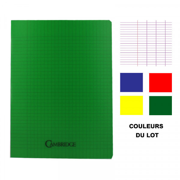 Lot de 4 cahiers - 24x32(cm) - Grands carreaux - 96 pages - couverture en polypro bleu,jaune,rouge,vert - sans spirale - Hamelin