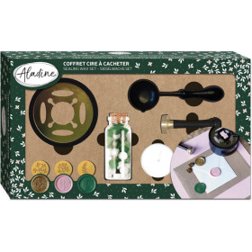 photo-Cire à cacheter - Coffret thème nature - Chauffe-plat + cuillère à cire + pastilles + sceaux - Aladine
