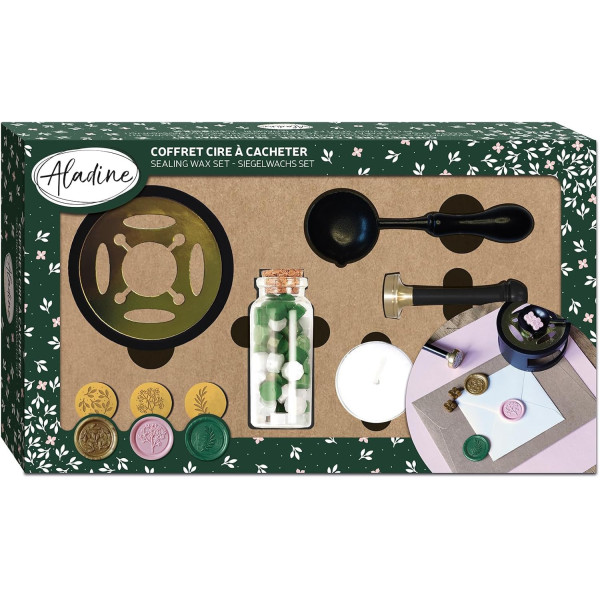 photo-Cire à cacheter - Coffret thème nature - Chauffe-plat + cuillère à cire + pastilles + sceaux - Aladine