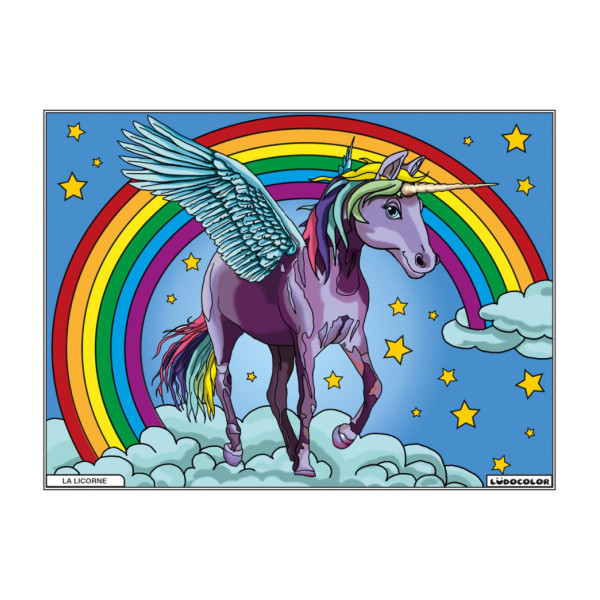 photo-Coloriage - Licorne arc en ciel - Tableau à colorier - Avec contours velours noir - Dès 3 ans