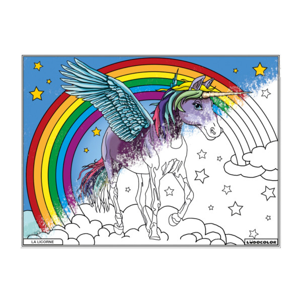 Coloriage - Licorne arc en ciel - Tableau à colorier - Avec contours velours noir - Dès 3 ans