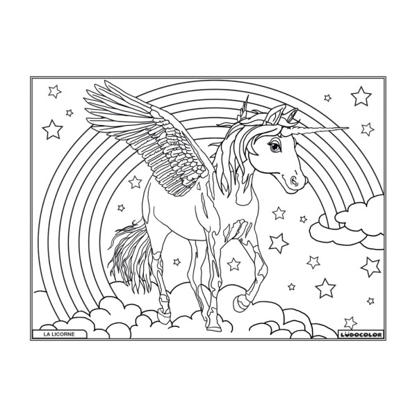 Coloriage - Licorne arc en ciel - Tableau à colorier - Avec contours velours noir - Dès 3 ans