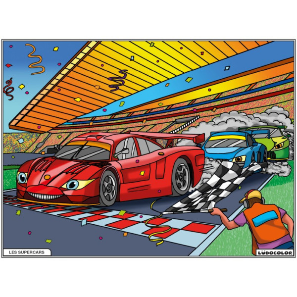 Coloriage - Supercars - Tableau à colorier - Avec contours velours noir - Dès 3 ans
