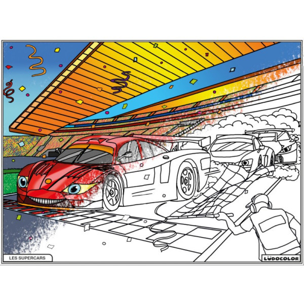 Coloriage - Supercars - Tableau à colorier - Avec contours velours noir - Dès 3 ans