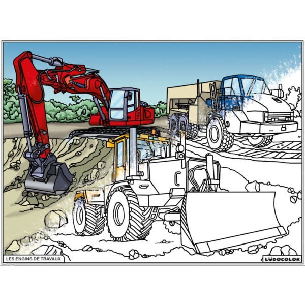 Coloriage - Engins de travaux - Tableau à colorier - Avec contours velours noir - Dès 3 ans