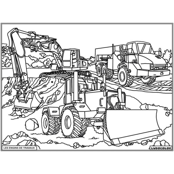 Coloriage - Engins de travaux - Tableau à colorier - Avec contours velours noir - Dès 3 ans
