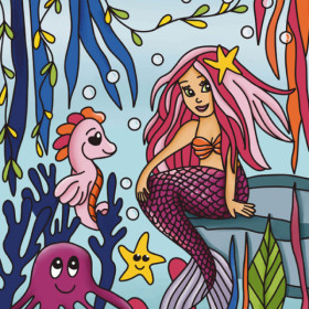 Coloriage - Sirène - Tableau à colorier - Avec contours velours noir - Dès 3 ans