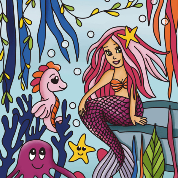 Coloriage - Sirène - Tableau à colorier - Avec contours velours noir - Dès 3 ans