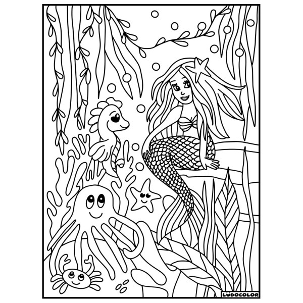 Coloriage - Sirène - Tableau à colorier - Avec contours velours noir - Dès 3 ans