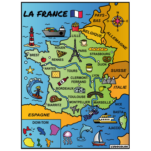 photo--Coloriage - Carte de France - Tableau à colorier - Avec contours velours noir - Dès 3 ans