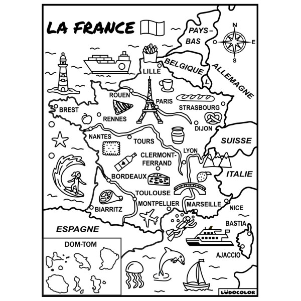 Coloriage - Carte de France - Tableau à colorier - Avec contours velours noir - Dès 3 ans