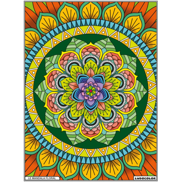 photo-Coloriage - Mandala floral - Tableau à colorier - Avec contours velours noir - Dès 3 ans