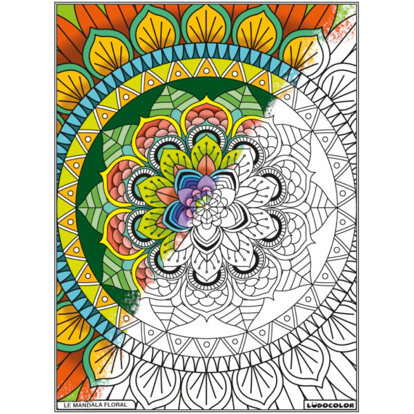 Coloriage - Mandala floral - Tableau à colorier - Avec contours velours noir - Dès 3 ans