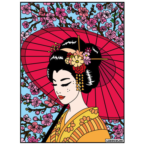 photo-Coloriage - Geisha - Tableau à colorier - Avec contours velours noir - Dès 3 ans