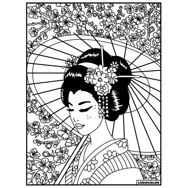 Coloriage - Geisha - Tableau à colorier - Avec contours velours noir - Dès 3 ans