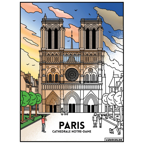Coloriage - Notre dame de Paris - Tableau à colorier - Avec contours velours noir - Dès 3 ans