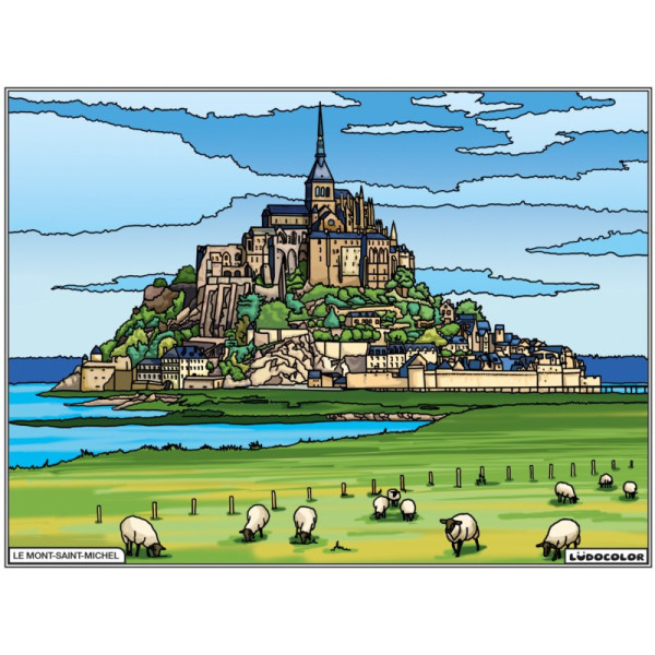 photo-Coloriage - Mont Saint-Michel - Tableau à colorier - Avec contours velours noir - Dès 3 ans