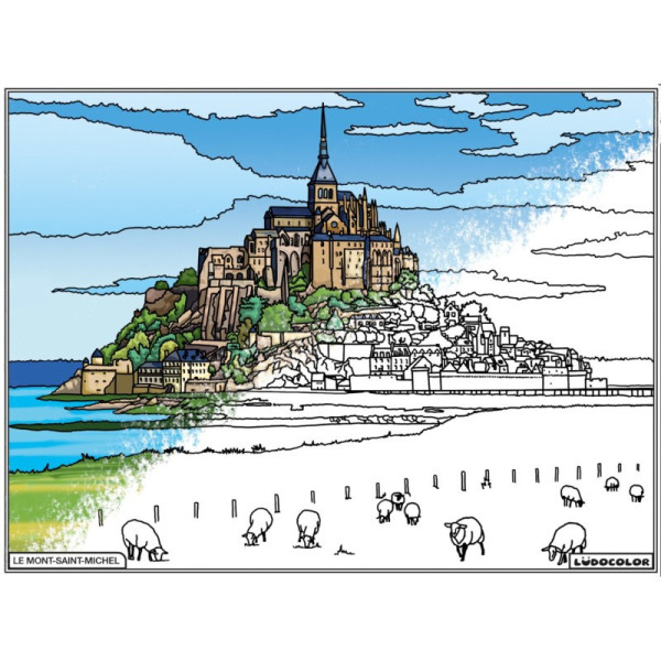Coloriage - Mont Saint-Michel - Tableau à colorier - Avec contours velours noir - Dès 3 ans