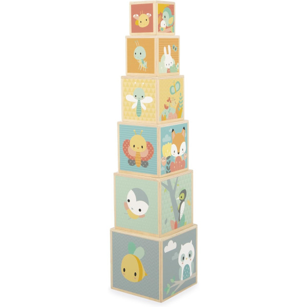Jeux d'éveil - Cubes à empiler - Bois - Assortiments de 6 tailles et modèles - Dès 6 mois - Janod