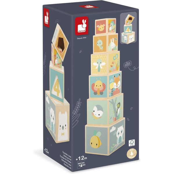 Jeux d'éveil - Cubes à empiler - Bois - Assortiments de 6 tailles et modèles - Dès 6 mois - Janod