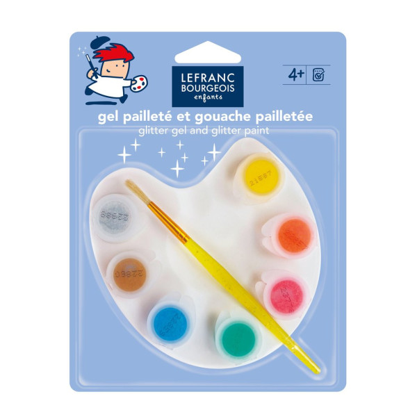 photo-Palette de peinture - Gouache et gel pailleté - 7 godets - Pinceau rond - Lefranc Bourgeois