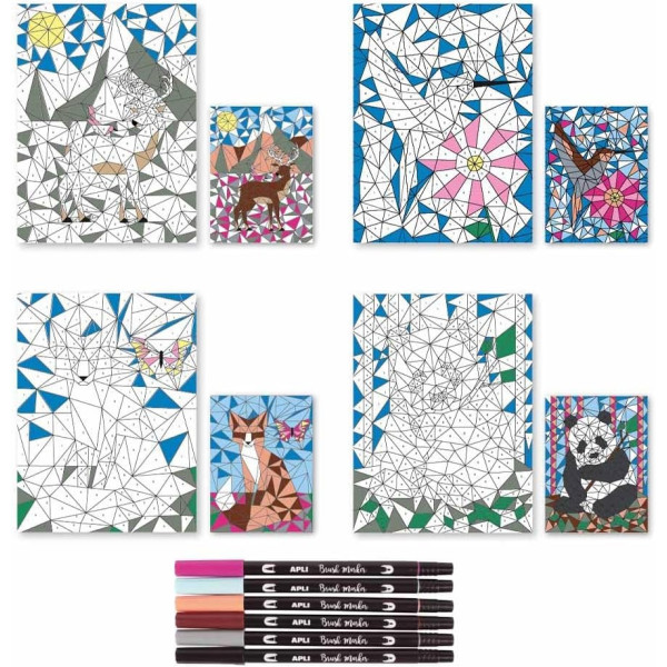 Coloriage à numéros - Coffret de 4 modèles + 6 feutres + fiches guide - Dès 5 ans - Apli