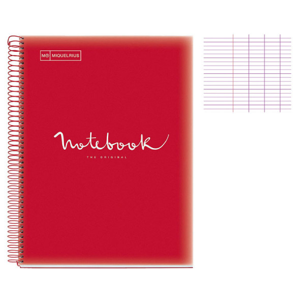 Cahier - A4 (21x29,7cm) - Grands carreaux - 80 pages - couverture en polypro rouge - à spirale - Notebook Miquelrius