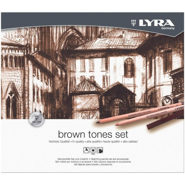 photo-Coffret crayons, pastels + accessoires - Tons marron - Portrait, paysage - Lyra