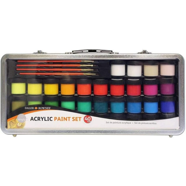 photo-Peinture acrylique - Valise métal - 34 pots + 4 pinceaux + 1 guide mélange - Daler Rowney