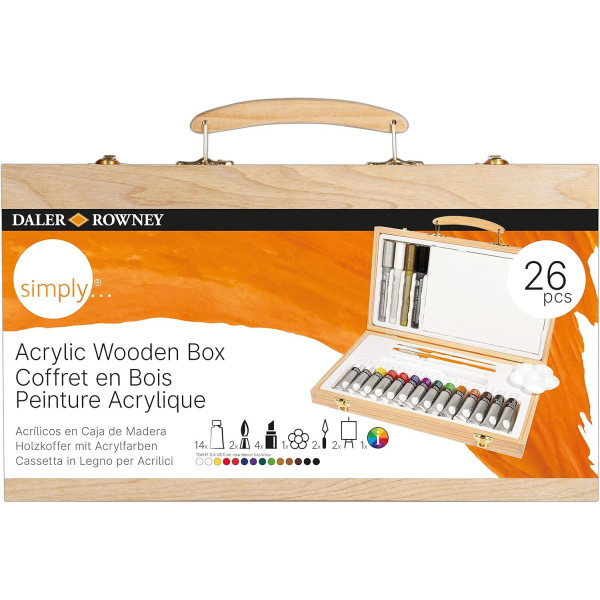 photo-Peinture acrylique - Valise bois - 14 tubes + 4 marqueurs + pinceaux + accessoires - Daler Rowney
