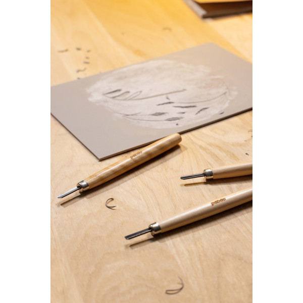 Gouges - Pour linogravure - 3 tailles - Pour linoléum et bois - Manche en bois - Pébéo