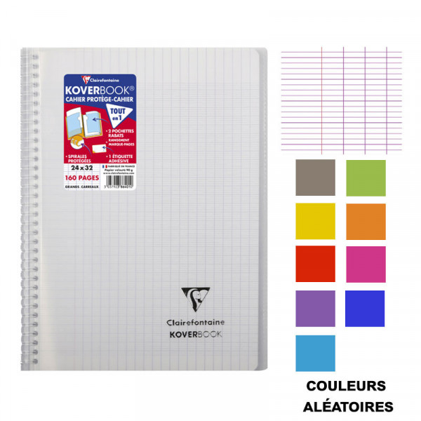 Cahier - A4 (21x29,7cm) - Grands carreaux - 160 pages - couverture en polypro - à spirale - Clairefontaine - Koverbook