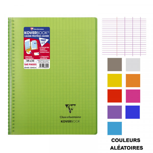 Cahier - A4 (21x29,7cm) - Grands carreaux - 160 pages - couverture en polypro - à spirale - Clairefontaine - Koverbook
