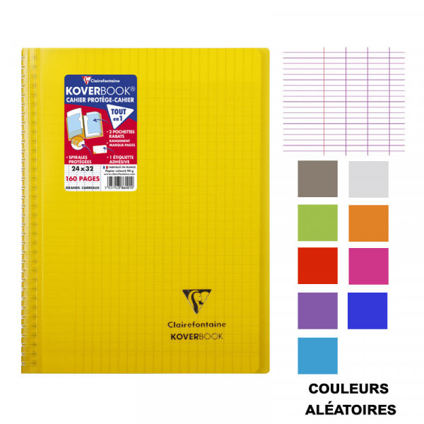 Cahier - A4 (21x29,7cm) - Grands carreaux - 160 pages - couverture en polypro - à spirale - Clairefontaine - Koverbook