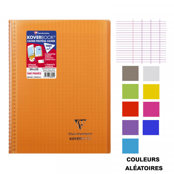 Cahier - A4 (21x29,7cm) - Grands carreaux - 160 pages - couverture en polypro - à spirale - Clairefontaine - Koverbook