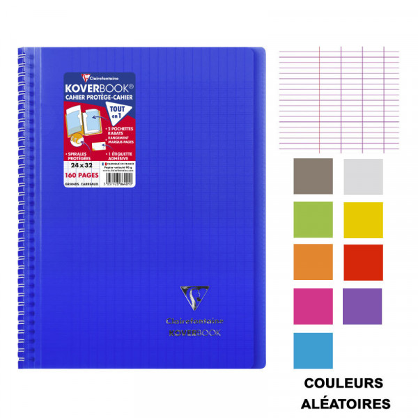 Cahier - A4 (21x29,7cm) - Grands carreaux - 160 pages - couverture en polypro - à spirale - Clairefontaine - Koverbook