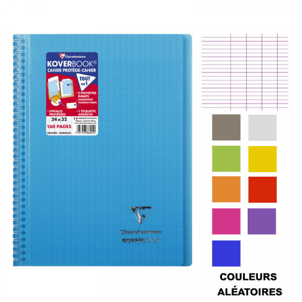 Cahier - A4 (21x29,7cm) - Grands carreaux - 160 pages - couverture en polypro - à spirale - Clairefontaine - Koverbook