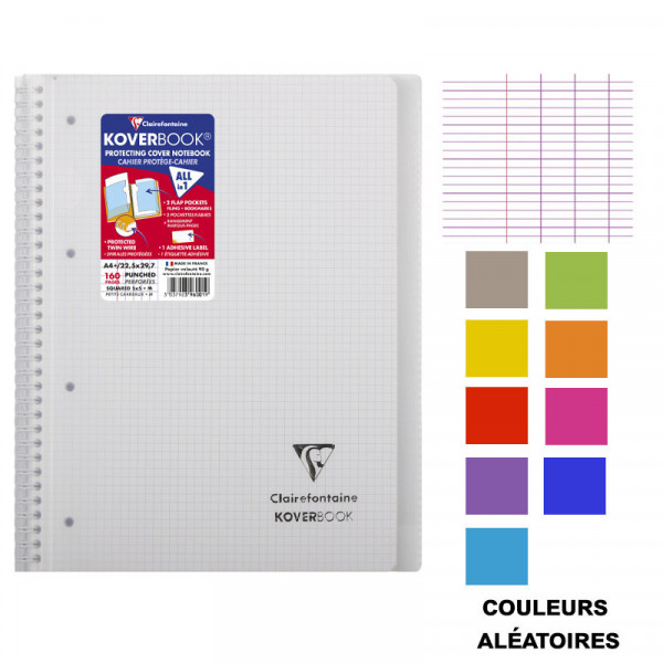 Cahier - A4 (21x29,7cm) - Petits carreaux - 160 pages - couverture en polypro - à spirale - Clairefontaine - Koverbook