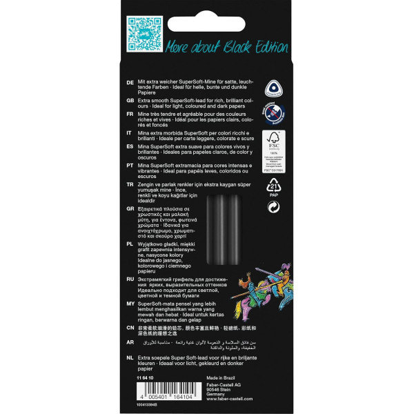 Crayons de couleur - 12 teintes pastel et néon - Résistant - Faber-Castell Black Edition