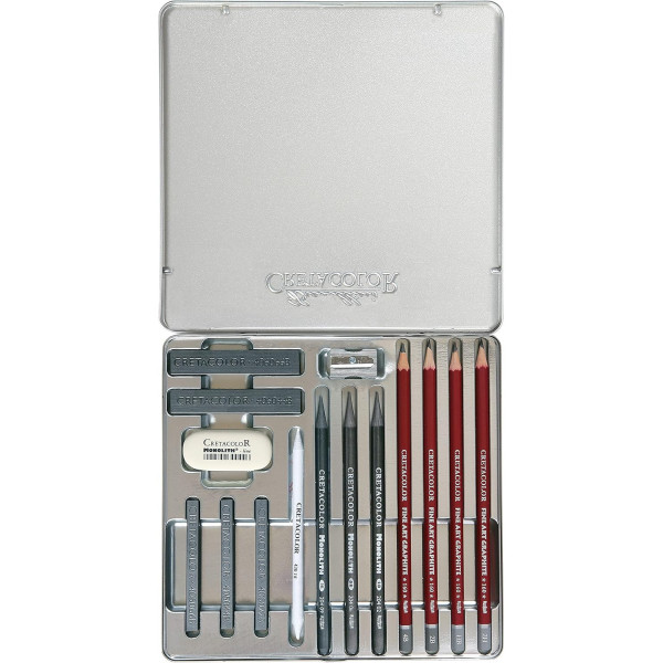 Coffret dessin - 15 pièces - Crayons graphite + bâtons graphite + accessoires - Cretacolor Silver Box
