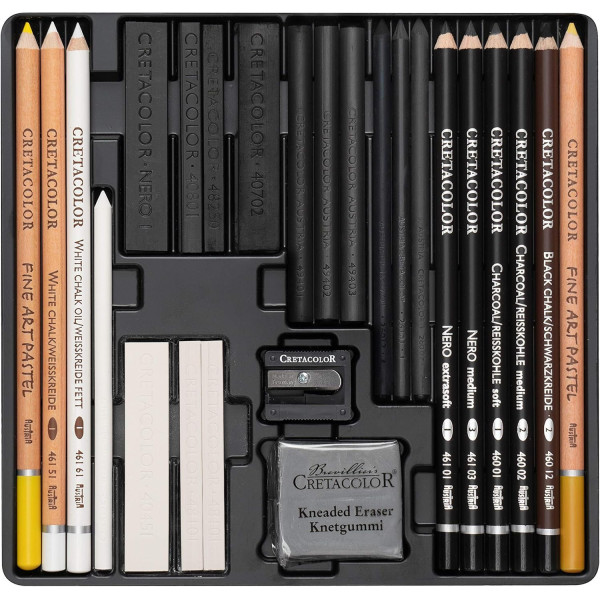 Coffret dessin - 25 pièces - Crayons beaux-arts + pastels + fusains + mines - Cretacolor Wolf Box