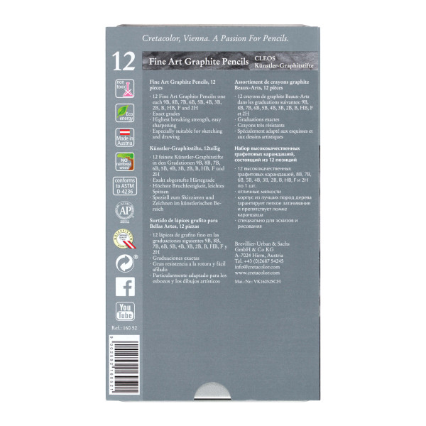 Crayons graphite - 12 pièces 9B/8B/7B/6B/5B/4B/3B/2B/B/HB/F/2H - Boîte métal - Cretacolor Cleos