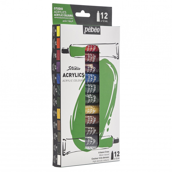 Peinture acrylique - 12 couleurs - Fine - Mate satinée - Tubes de 12ml - Pébéo Studio Acrylics