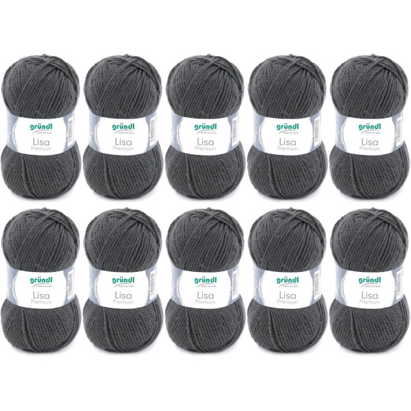 phoot-10 pelotes de laine - Anthracite - 25 - 100% acrylique - 3,5/4,5 mm - Gründl - Lisa Premium