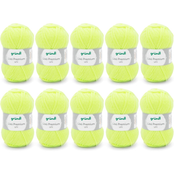 photo-10 pelotes de laine - Jaune fluo - 27 - 100% acrylique - 3,5/4,5 mm - Gründl - Lisa Premium