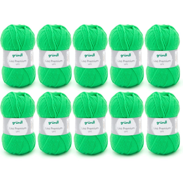 photo-10 pelotes de laine - Vert fluo - 29 - 100% acrylique - 3,5/4,5 mm - Gründl - Lisa Premium