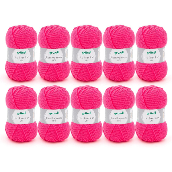 photo-10 pelotes de laine - Rose fluo - 30 - 100% acrylique - 3,5/4,5 mm - Gründl - Lisa Premium