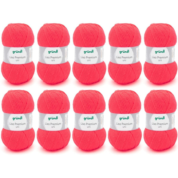 photo-10 pelotes de laine - Corail fluo - 47 - 100% acrylique - 3,5/4,5 mm - Gründl - Lisa Premium