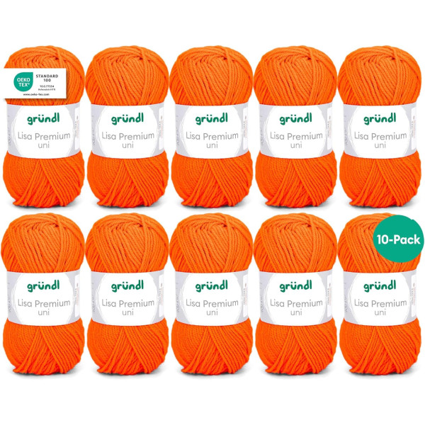 10 pelotes de laine - Orange fluo - 50 - 100% acrylique - 3,5/4,5 mm - Gründl - Lisa Premium