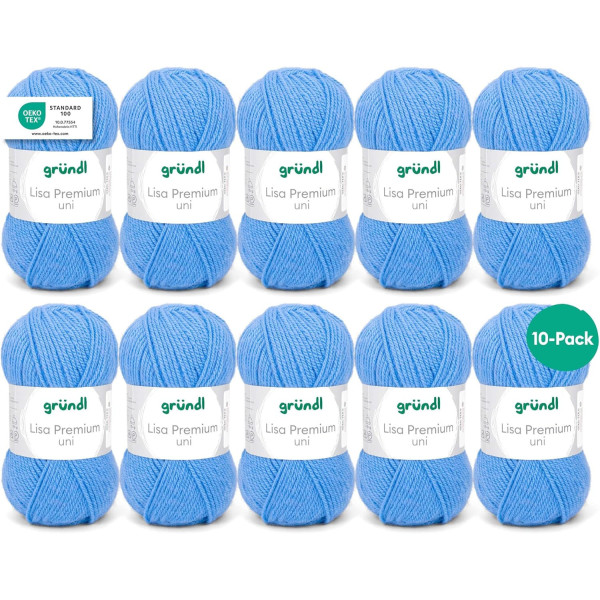 phoot-10 pelotes de laine - Bleu moyen - 17 - 100% acrylique - 3,5/4,5 mm - Gründl - Lisa Premium